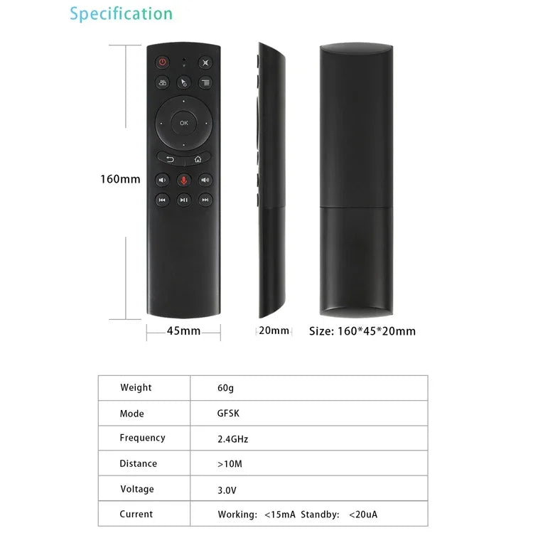 Télécommande G20S 2.4G avec souris aérienne, saisie vocale haute fidélité, apprentissage infrarouge et gyroscope 6 axes pour PC, boîtier TV Android, ordinateur portable et projecteur.
