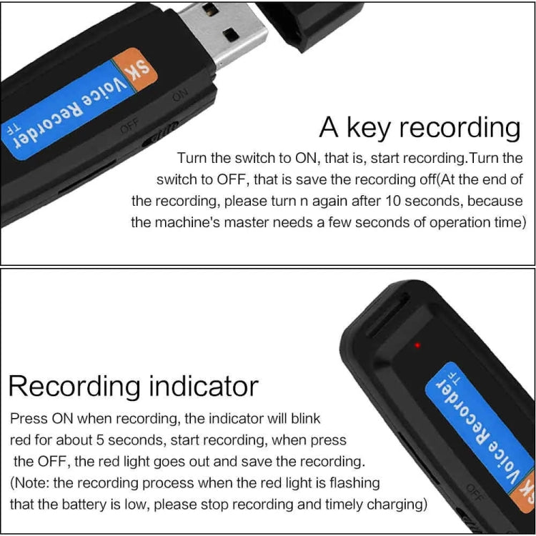 SK001 Enregistreur vocal USB portable rechargeable en forme de clé USB, sans mémoire, sans mémoire