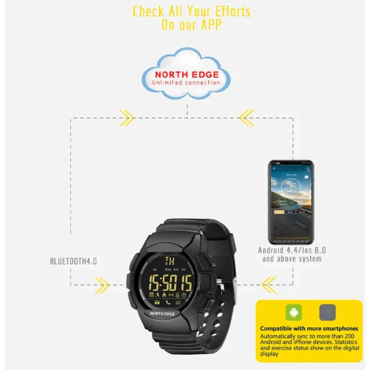 NORTH EDGE Montre intelligente multifonction Bluetooth AK avec rétroéclairage LED, supporte rappel d'appel entrant, chronomètre intelligent, rappel d'informations, AK
