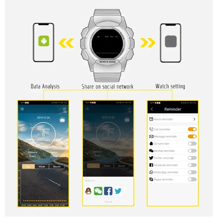 NORTH EDGE Montre intelligente multifonction Bluetooth AK avec rétroéclairage LED, supporte rappel d'appel entrant, chronomètre intelligent, rappel d'informations, AK