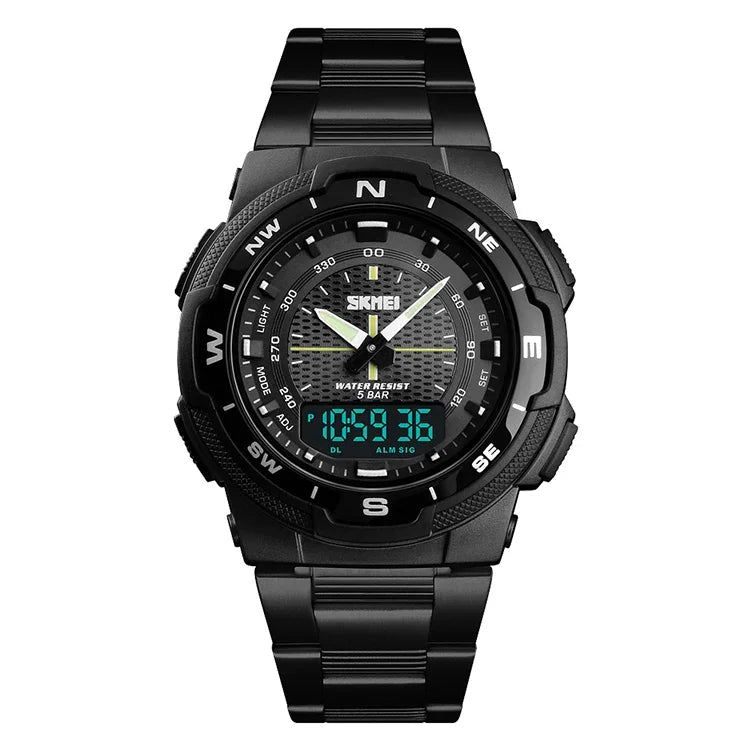 SKMEI 1370 Montre-bracelet numérique multifonctionnelle étanche en acier inoxydable noctiluque pour homme sport extérieur, SKMEI 1370