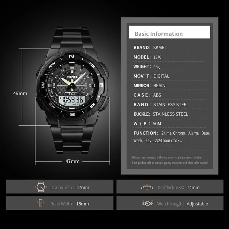 SKMEI 1370 Montre-bracelet numérique multifonctionnelle étanche en acier inoxydable noctiluque pour homme sport extérieur, SKMEI 1370