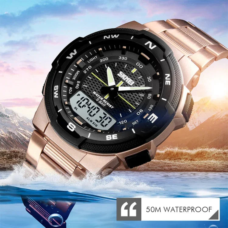 SKMEI 1370 Montre-bracelet numérique multifonctionnelle étanche en acier inoxydable noctiluque pour homme sport extérieur, SKMEI 1370