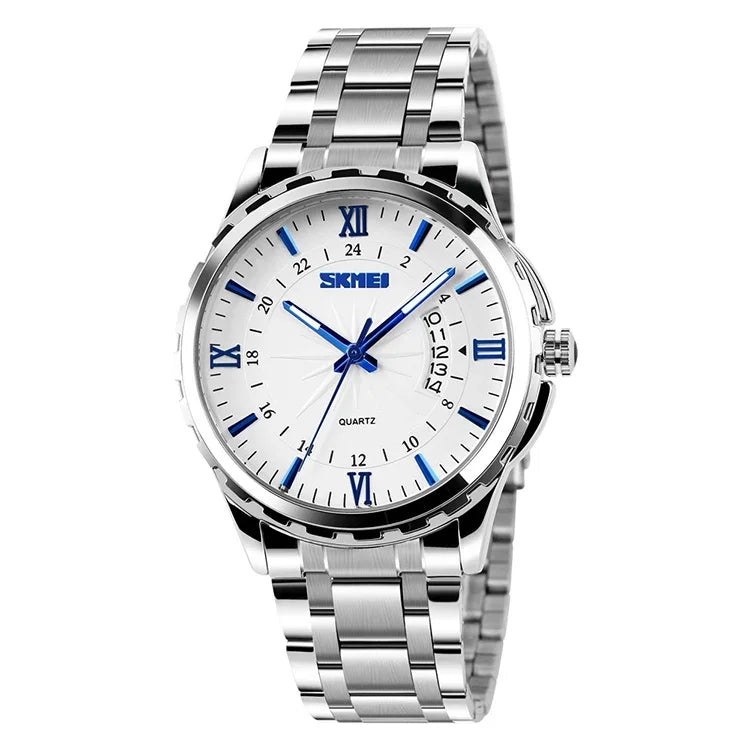 SKMEI 9069 Montre-bracelet quartz multifonctionnelle extérieure à la mode, étanche, boîtier argenté