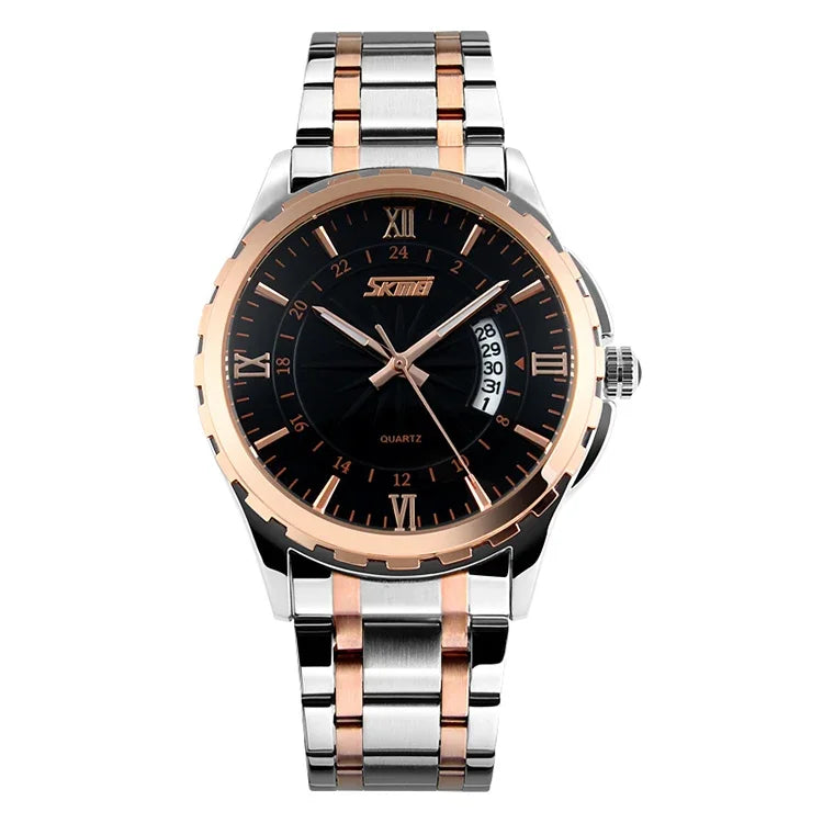 SKMEI 9069 Montre-bracelet quartz multifonctionnelle extérieure à la mode, étanche, boîtier doré à intervalles