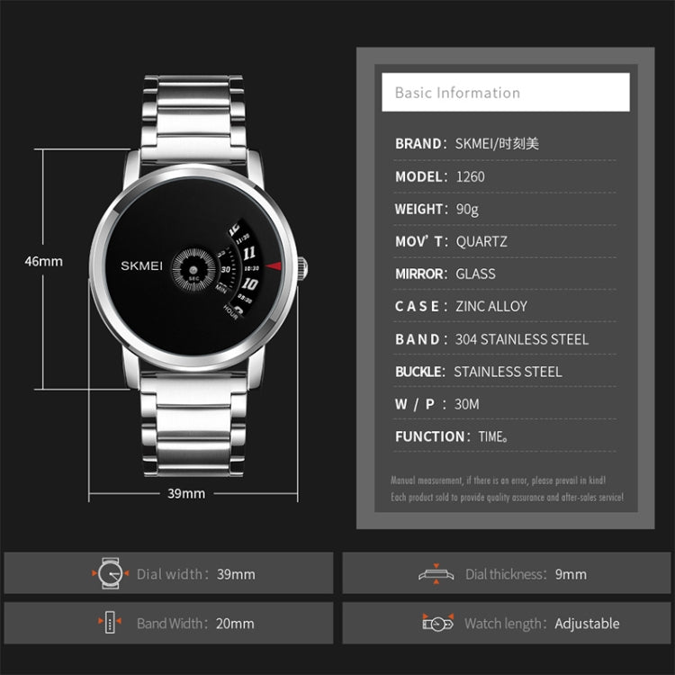 SKMEI 1260 Montre-bracelet quartz créative à la mode, étanche 30m, avec bracelet en acier inoxydable