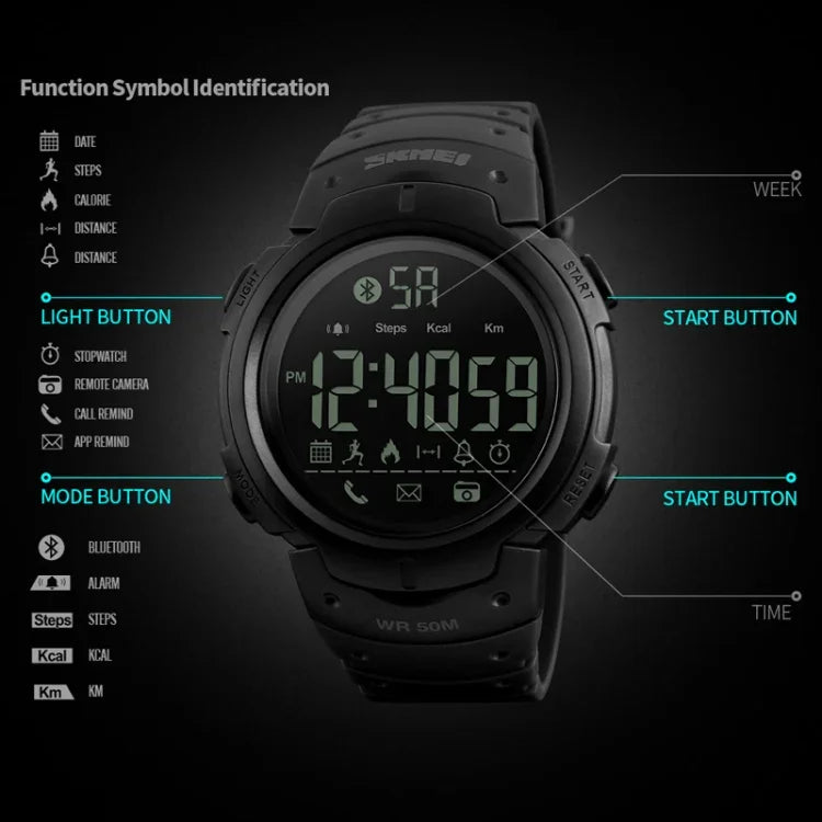 SKMEI 1301 Montre intelligente sportive Bluetooth multifonction étanche 50m, compatible avec Android & iOS