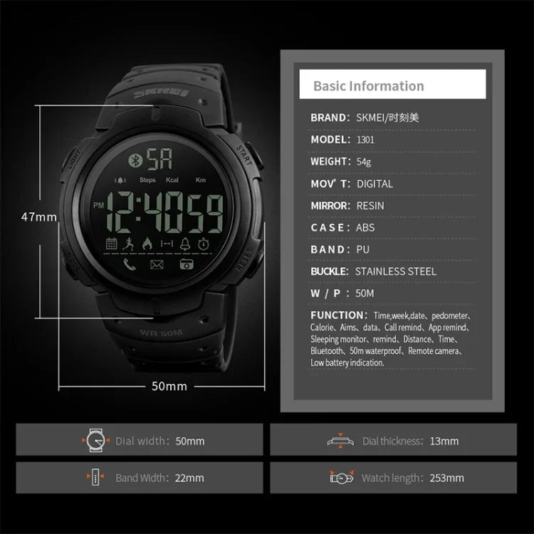 SKMEI 1301 Montre intelligente sportive Bluetooth multifonction étanche 50m, compatible avec Android & iOS