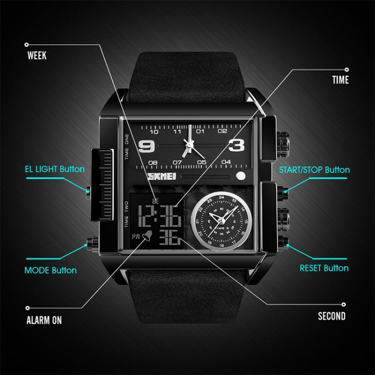 Montre numérique multifonctionnelle pour homme SKMEI 1391, étanche 30m, montre-bracelet à cadran carré avec bracelet en cuir