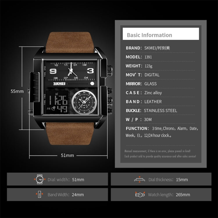 Montre numérique multifonctionnelle pour homme SKMEI 1391, étanche 30m, montre-bracelet à cadran carré avec bracelet en cuir