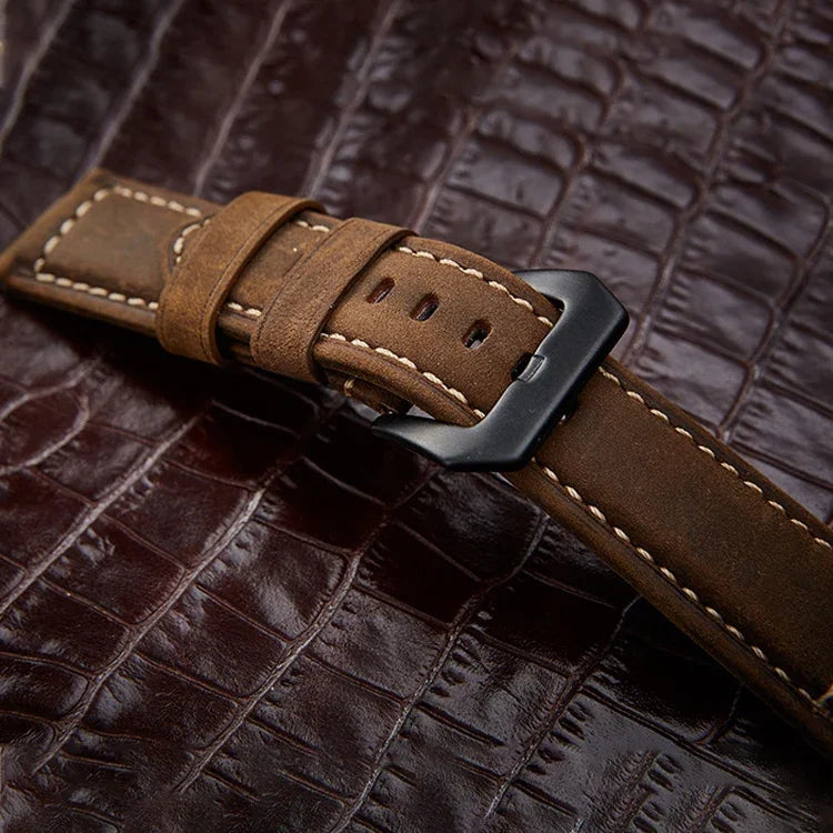 Crazy Horse Layer Frosted Black Buckle Watch Leather Watch Band, Size: 26mm