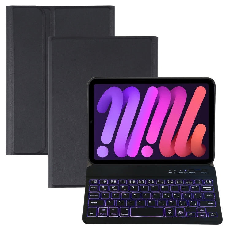 Étui en cuir A06S pour tablette iPad mini 6 / mini 7 avec clavier Bluetooth rétroéclairé en TPU ultra-mince à texture peau d'agneau amovible et support, A06S