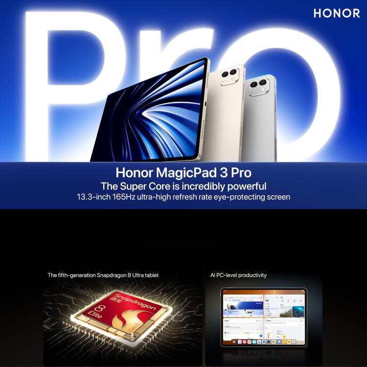 Honor MagicPad3 Pro Tablette WiFi 13,3 pouces, 16GB+512GB MagicOS 10.0 Qualcomm Snapdragon 8 Lite Gen5 Octa Core, 16GB+512GB