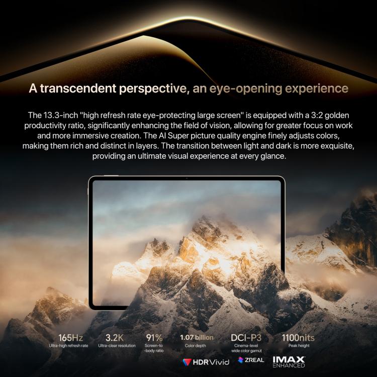Honor MagicPad3 Pro Tablette WiFi 13,3 pouces, 16GB+512GB MagicOS 10.0 Qualcomm Snapdragon 8 Lite Gen5 Octa Core, 16GB+512GB