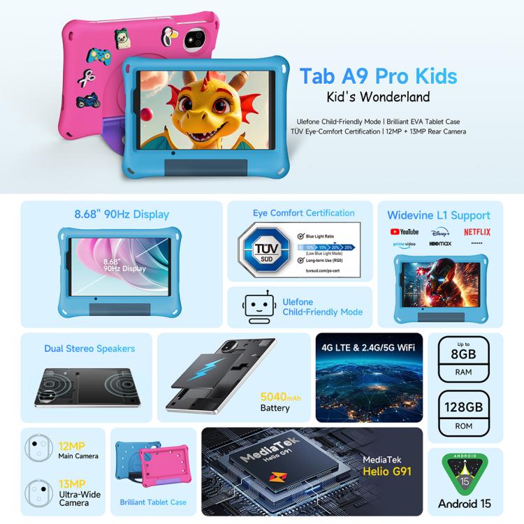 Tablette PC pour enfants Ulefone Tab A10 Pro, 6 Go+128 Go, 8,68 pouces Android 15 MediaTek Helio G91 Octa Core Réseau 4G, prise EU