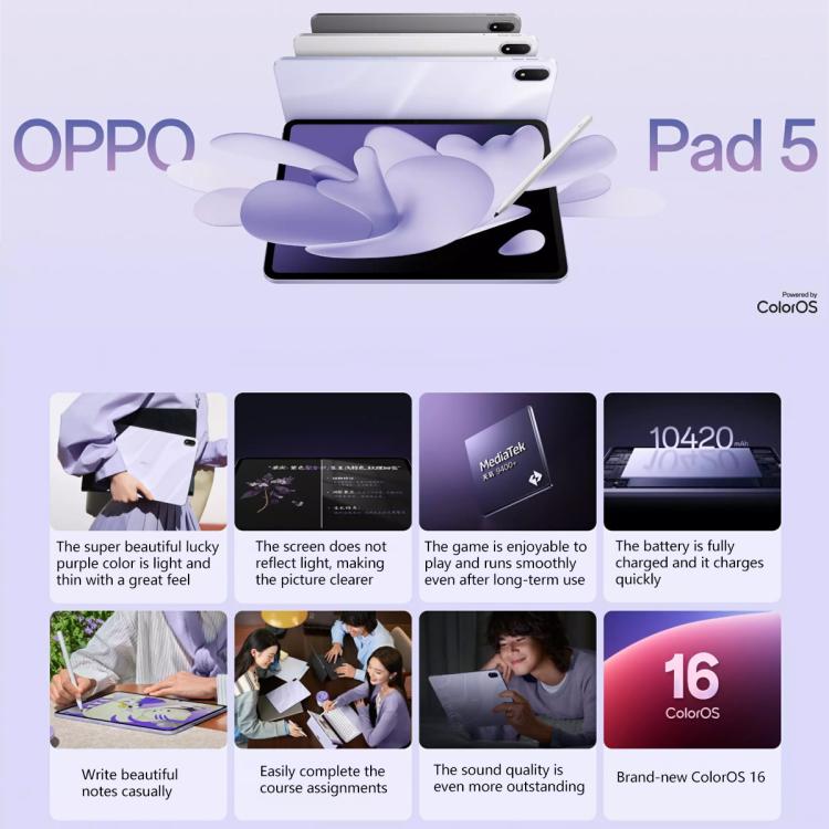 Tablette PC OPPO Pad 5 12,1 pouces Écran doux lumineux, 8 Go+256 Go, ColorOS 16.0 MediaTek Dimensity 9400+ Octa Core, 8 Go+256 Go Écran doux lumineux