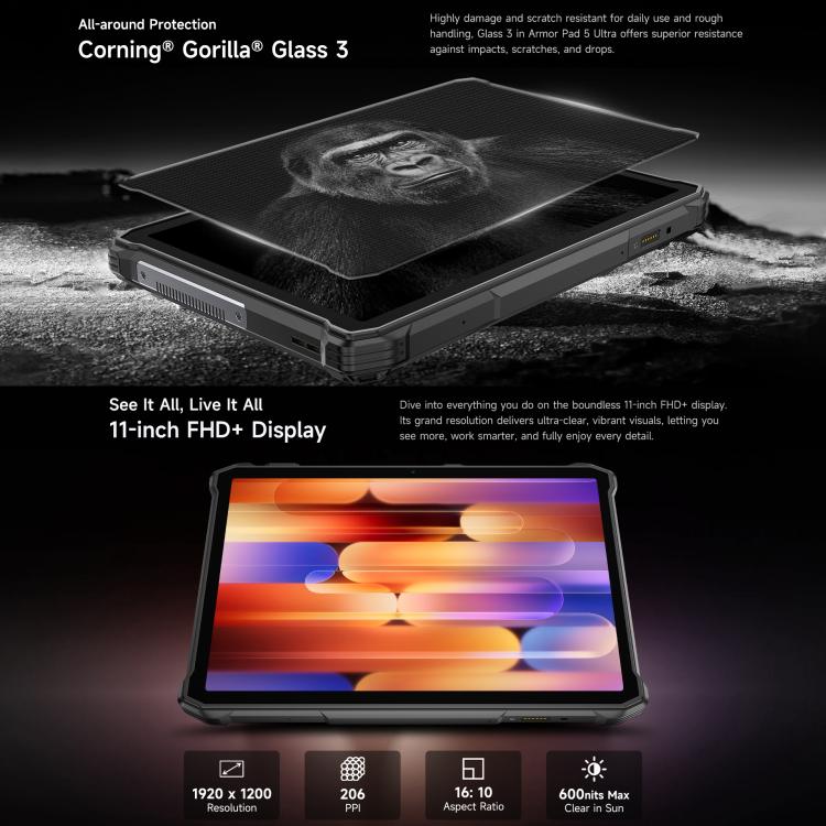 Tablette robuste Ulefone Armor Pad 5 Ultra, 12GB+512GB, 11 pouces Android 15 MediaTek Dimensity 7400X Octa Core Réseau 5G, Prise EU, Armor Pad 5 Ultra