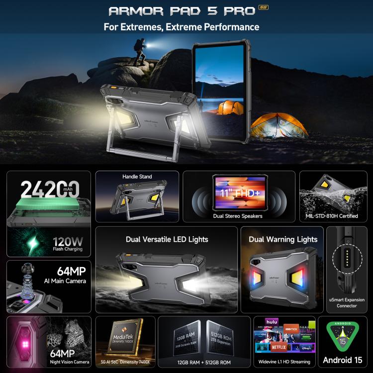 Tablette robuste Ulefone Armor Pad 5 Pro, 12GB+512GB, 11 pouces Android 15 MediaTek Dimensity 7400X Octa Core Réseau 5G, Prise EU, Armor Pad 5 Pro