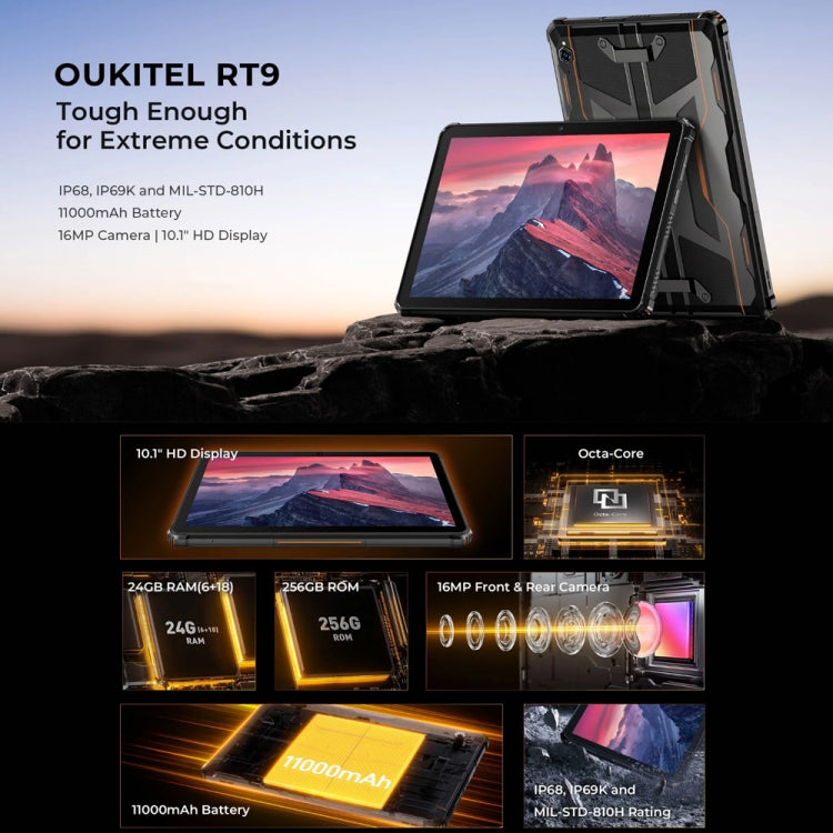 Tablette durcie OUKITEL RT9 compatible 4G IP68/IP69K, 6 Go + 256 Go, Android 14 de 11 pouces, Unisoc T606 Octa-Core, double SIM, prise UE, RT9 6 Go + 256 Go