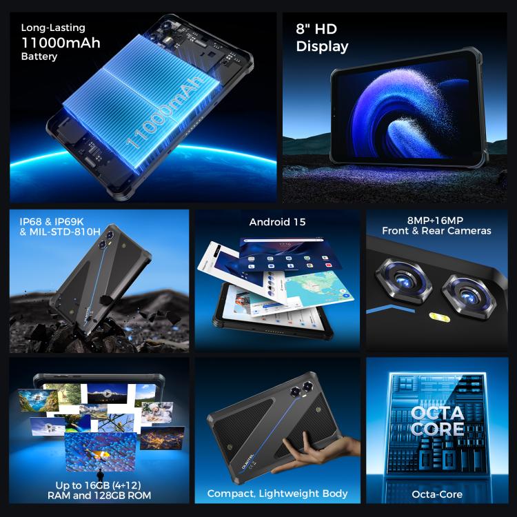 Tablette robuste OUKITEL RT3 Plus réseau 4G IP68/IP69K, 4 Go+128 Go, 8,0 pouces Android 15 MediaTek G81 Octa-Core, support double SIM, prise EU, RT3 Plus 4 Go+128 Go