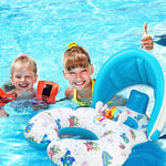 Cercle de natation avec ombrage pour enfants Water Fun, yacht, taille : 100x70cm, motif jaune, motif poisson marin bleu, motif poisson marin beige