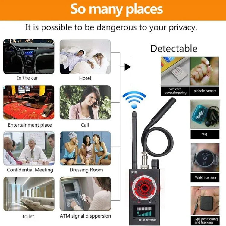 Détecteur sans fil K18, détecteur de signal sans fil K18 anti-camouflage, caméra cachée, GPS