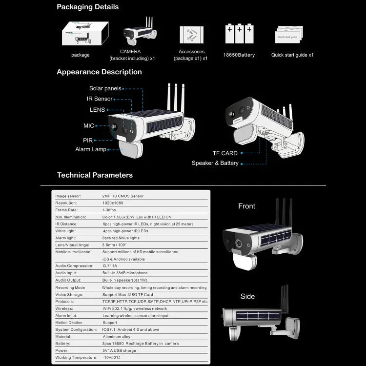 T8 1080P Full HD Solar Battery Ultra Low Power Sound Light Alarm Network Camera, Support Motion Detection, Night Vision, Two Way Audio, TF Card - Trustpick